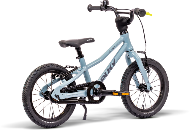 PUKY LS Pro barncykel är en ultralätt, 14" barncykel för åldrarna 3+, med en ljusblå ram med svarta däck och handtag, ergonomisk ram, bekvämt säte, enkel design med varumärke – perfekt för unga förare.