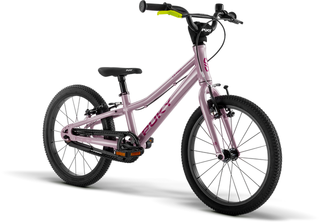 PUKY Barncykel ultralätt är en 18" barncykel för 5 år, med en lätt ram och ett enda växelsystem, designat för enkel körning. Den har svart styre med gula handtag och har en minimalistisk design.