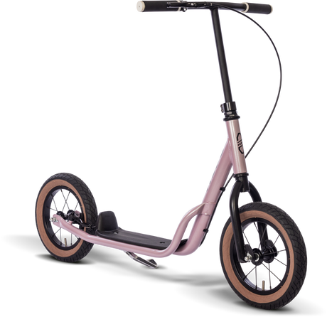 PUKY Sparkcykel - Lufthjul - Pink R 07 L har en rosa sparkcykel med ett svart styre, stora svarta hjul med bruna fälgar, en elegant metallram och ett däck med matt finish, allt slående mot en vit bakgrund.