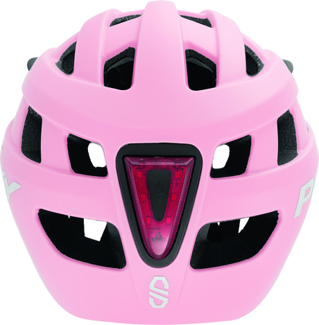 PUKY Cykelhjälm, som finns i rosa, har en aerodynamisk design med flera ventilationsspringor och ett rött triangulärt bakljus.