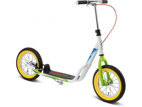 PUKY Sparkcykel - 4,5+ år - Lufthjul - Puky R 07 L är en vit och grön sparkcykel med luftdäck, en stadig ram, svarta däck med gula fälgar och en svart fotbräda. Den har ett böjt styre med svarta handtag och har en röd bromskabel som går från styret till framhjulet.