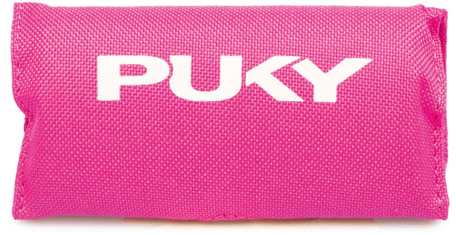 Krockskydd för balanscyklar, sparkcyklar & trehjuling - Puky LP 2 från säljare okänd är en ljusrosa, rektangulär vadderad väska med en strukturerad yta och ordet "PUKY" tryckt med stora vita bokstäver längs framsidan. Perfekt för att hålla små föremål, den är idealisk för barn på deras trehjuling eller balanscyklar äventyr.