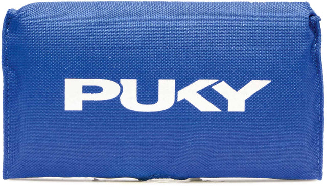 En liten, rektangulär blå påse med produktnamnet "Krockskydd för barncyklar - Puky LP 3" skrivet med feta vita bokstäver tvärs över framsidan. Tyget verkar slitstarkt och strukturerat, med en flik som indikerar att påsen kan öppnas. Idealisk för barncyklar, dess kanter och hörn är lätt rundade för ökad säkerhet. Tillverkad av okänd leverantör.