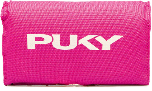 En liten, rektangulär, rosa tygpåse med "Krockskydd för barncyklar - Puky LP 3" tryckt med vita, djärva bokstäver på framsidan, perfekt för att hålla det nödvändigaste säkra när du kör barncyklar.