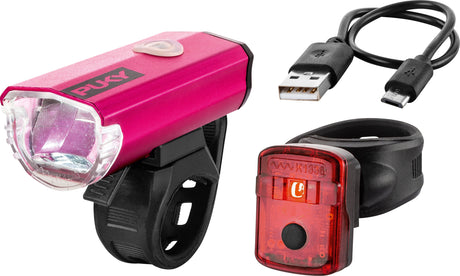 En rosa Puky Lumi cykellampa fram och en röd bakre LED Strålkastare med USB-laddningskabel visas. Märkt "PUKY", båda lamporna av okänd leverantör har eleganta svarta monteringsremmar för enkel installation.