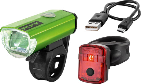 Ljusset LED - Puky Lumi, av okänd leverantör, inkluderar en grön LED-strålkastare fram och en röd baklykta med elastiska remmar för enkel fastsättning av cykeln. En USB-laddningskabel med USB-A- och mikro-USB-kontakter finns också för snabbladdning.