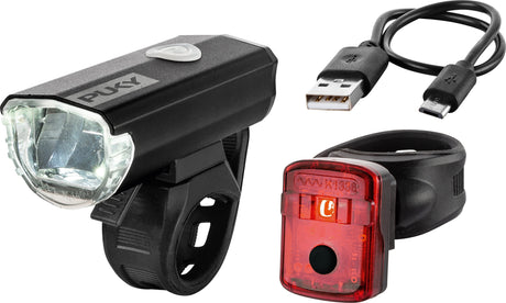 Ljusset LED - Puky Lumi av okänd leverantör inkluderar en svart front LED Strålkastare, ett rött bakljus med Puky Lumi-teknik, USB-laddningskabel och monteringsremmar. Den främre lampan har en vit LED-lampa och den bakre har en livlig röd lins för ökad säkerhet.