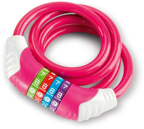 Kabellås Puky KS i rosa från PUKY har vita ändar och en levande kombinationsurtavla i grönt, rött, blått och lila. Detta säkerhetskabellås har en snyggt lindad design och säker koddisplay för ökad sinnesfrid.