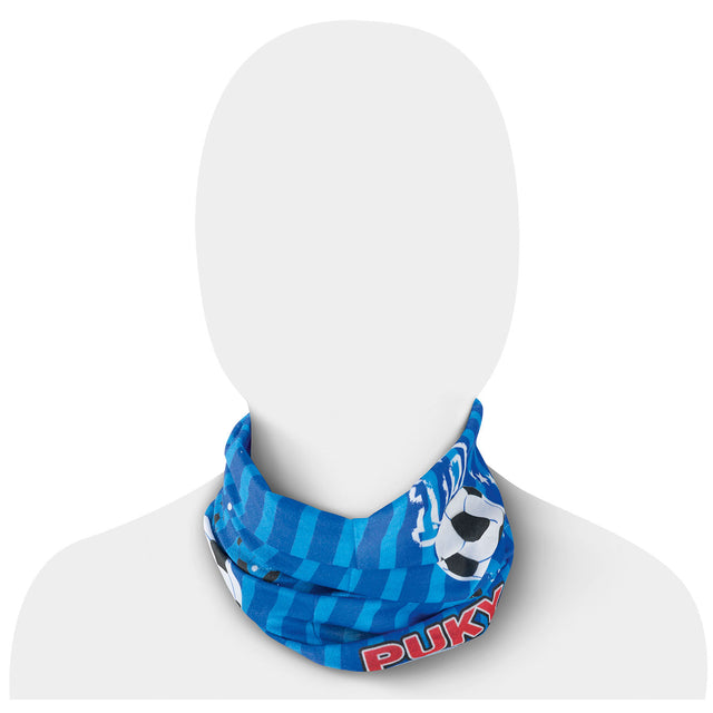 Multifunktionell bandana från säljare okänd, designad för Puky MT-fans, har ett blårutigt mönster med fotbollsgrafik och "PUKY" i feta röda bokstäver, som visas på en ansiktslös siluett.